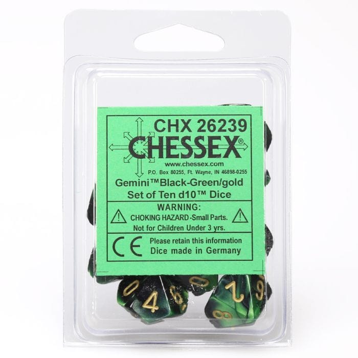 Chessex Manufacturing d10 Clamshell Gemini Black and Green with Gold (10) - Lost City Toys
