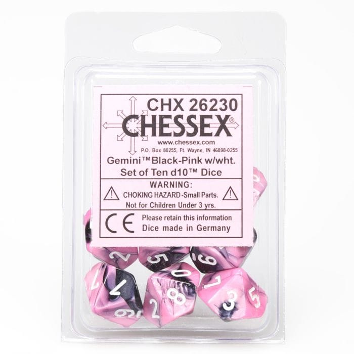 Chessex Manufacturing d10 Clamshell Gemini Black and Pink with White (10) - Lost City Toys