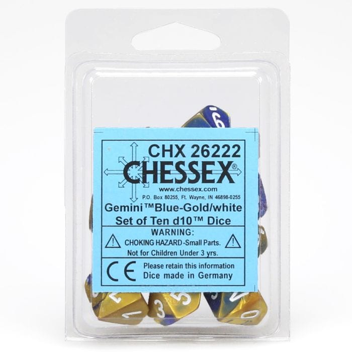 Chessex Manufacturing d10 Clamshell Gemini Blue and Gold with White (10) - Lost City Toys