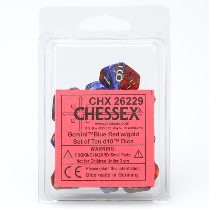 Chessex Manufacturing d10 Clamshell Gemini Blue and Red with Gold (10) - Lost City Toys
