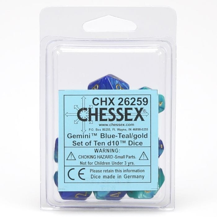 Chessex Manufacturing d10 Clamshell Gemini Blue and Teal with Gold (10) - Lost City Toys