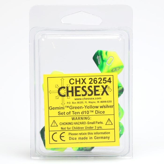 Chessex Manufacturing d10 Clamshell Gemini Green and Yellow with Silver (10) - Lost City Toys