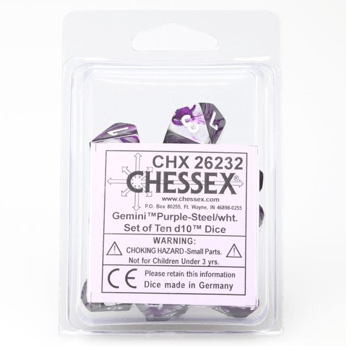 Chessex Manufacturing d10 Clamshell Gemini Purple and Steel with White (10) - Lost City Toys
