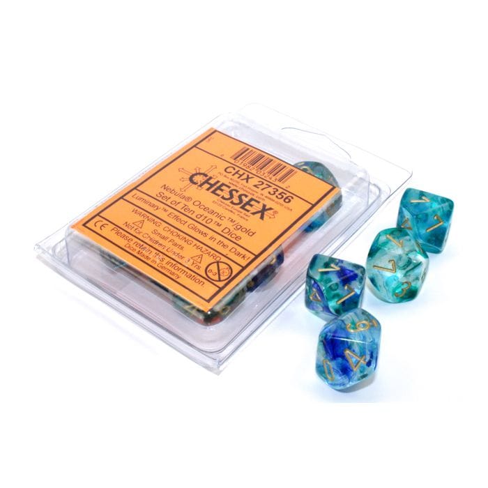 Chessex Manufacturing d10 Clamshell Luminary Nebula Oceanic with Gold (10) - Lost City Toys