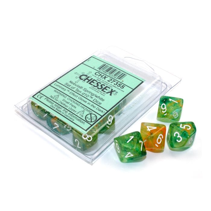 Chessex Manufacturing d10 Clamshell Luminary Nebula Spring with White (10) - Lost City Toys