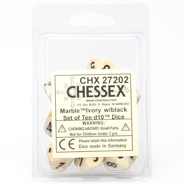 Chessex Manufacturing d10 Clamshell Marble Ivory with Black (10) - Lost City Toys