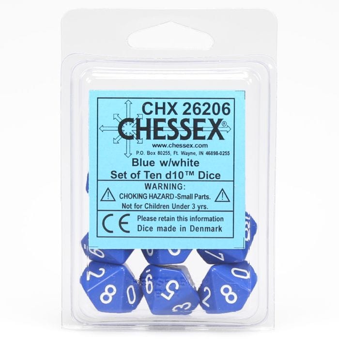Chessex Manufacturing d10 Clamshell Opaque Blue with White (10) - Lost City Toys