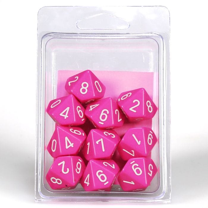 Chessex Manufacturing d10 Clamshell Opaque Pink with White (10) - Lost City Toys
