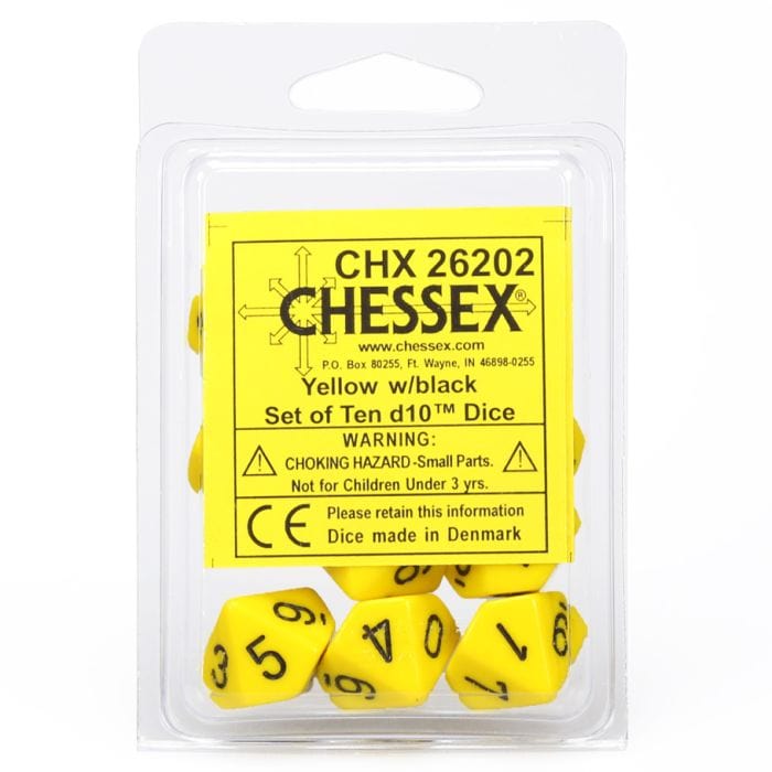 Chessex Manufacturing d10 Clamshell Opaque Yellow with Black (10) - Lost City Toys