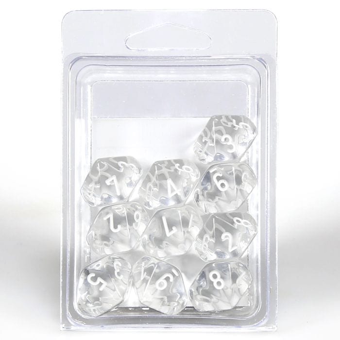 Chessex Manufacturing d10 Clamshell Translucent Clear with White (10) - Lost City Toys