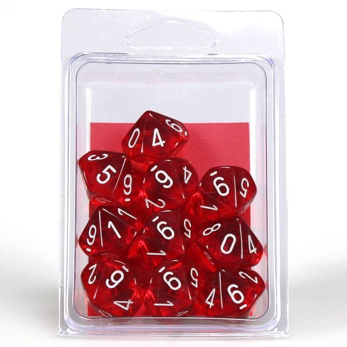 Chessex Manufacturing d10 Clamshell Translucent Red with White (10) - Lost City Toys