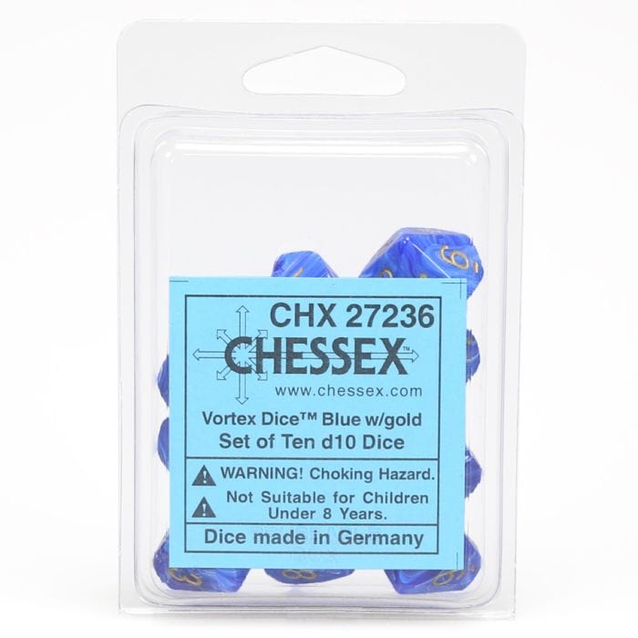 Chessex Manufacturing d10 Clamshell Vortex Blue with Gold (10) - Lost City Toys