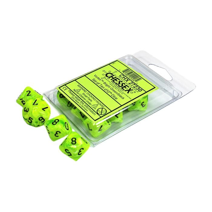 Chessex Manufacturing d10 Clamshell Vortex Bright Green with Black (10) - Lost City Toys