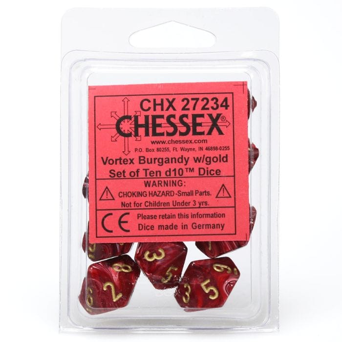 Chessex Manufacturing d10 Clamshell Vortex Burgandy with Gold (10) - Lost City Toys