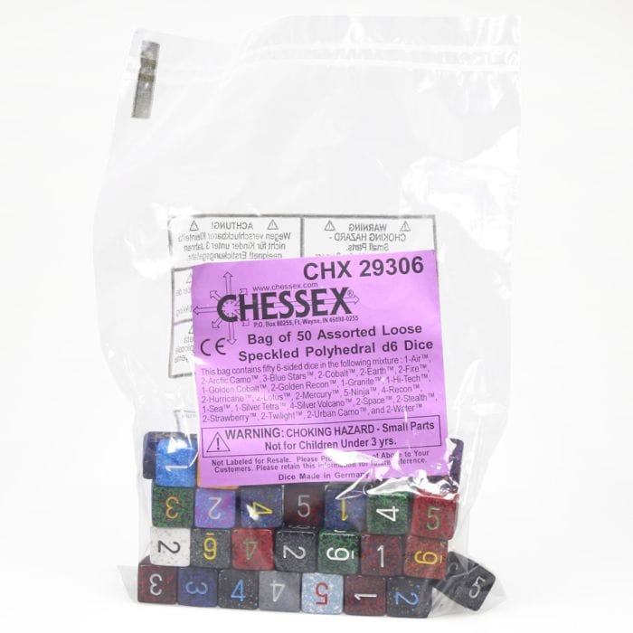 Chessex Manufacturing d6 Bag 16mm Speckled with Numbers (50) - Lost City Toys