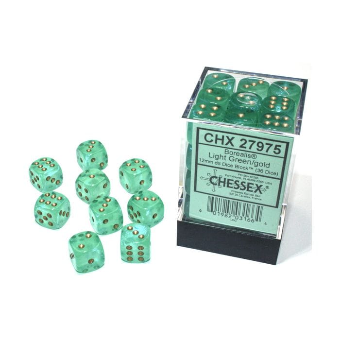 Chessex Manufacturing d6 Cube 12mm Borealis Luminary Light Green with Gold (36) - Lost City Toys