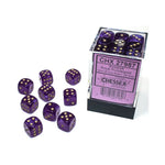 Chessex Manufacturing d6 Cube 12mm Borealis Luminary Royal Purple with Gold (36) - Lost City Toys