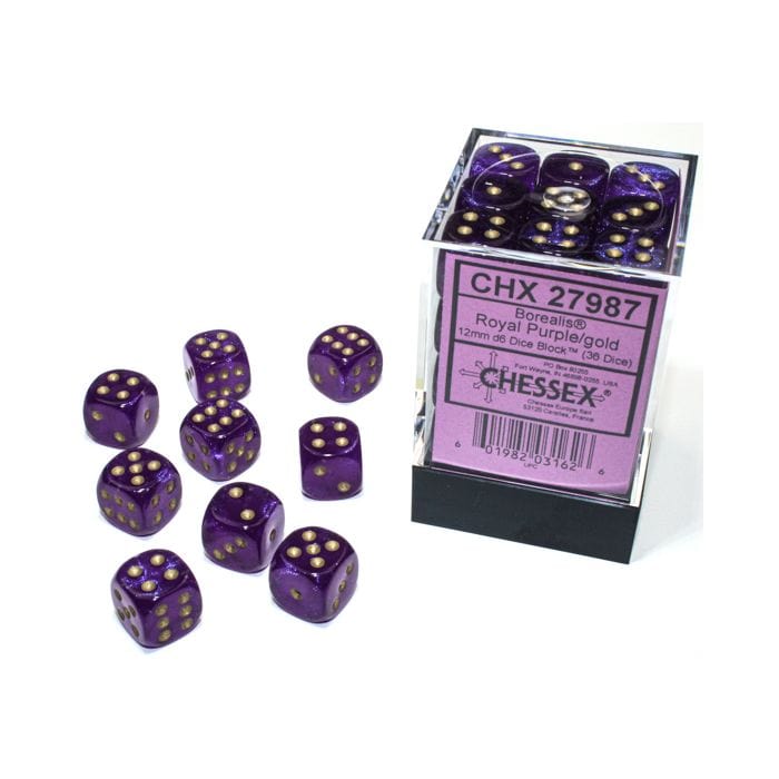 Chessex Manufacturing d6 Cube 12mm Borealis Luminary Royal Purple with Gold (36) - Lost City Toys