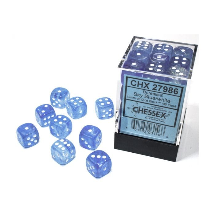 Chessex Manufacturing d6 Cube 12mm Borealis Luminary Sky Blue with White (36) - Lost City Toys