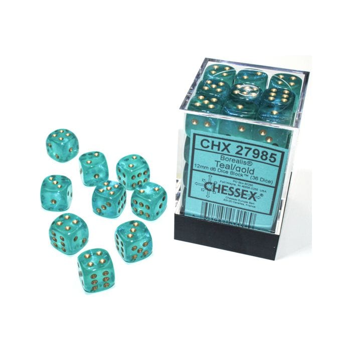Chessex Manufacturing d6 Cube 12mm Borealis Luminary Teal with Gold (36) - Lost City Toys