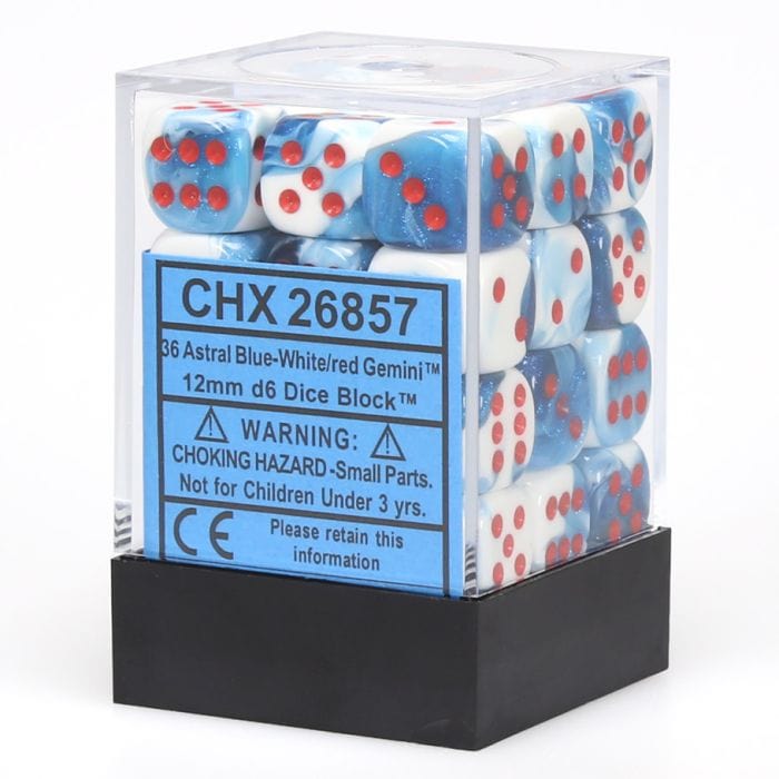 Chessex Manufacturing d6 Cube 12mm Gemini Astral Blue and White with Red (12) - Lost City Toys