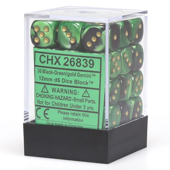 Chessex Manufacturing d6 Cube 12mm Gemini Black and Green with Gold (12) - Lost City Toys