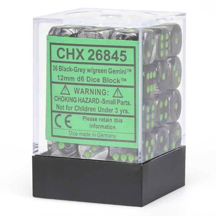 Chessex Manufacturing d6 Cube 12mm Gemini Black and Grey with Green (12) - Lost City Toys