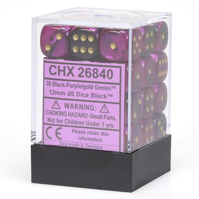 Chessex Manufacturing d6 Cube 12mm Gemini Black and Purple with Gold (12) - Lost City Toys