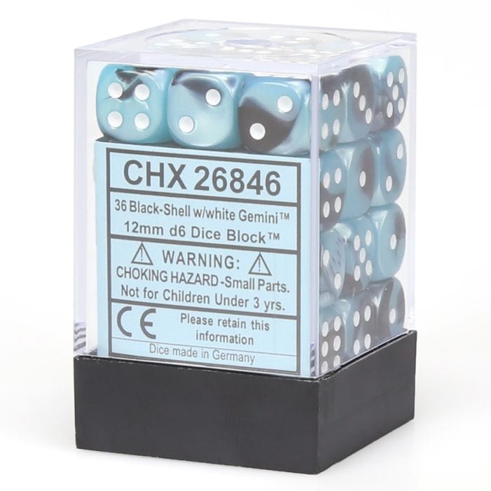 Chessex Manufacturing d6 Cube 12mm Gemini Black and Shell with White (12) - Lost City Toys