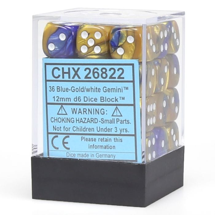 Chessex Manufacturing d6 Cube 12mm Gemini Blue and Gold with White (12) - Lost City Toys