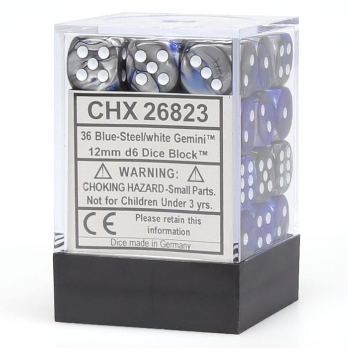 Chessex Manufacturing d6 Cube 12mm Gemini Blue and Steel with White (12) - Lost City Toys