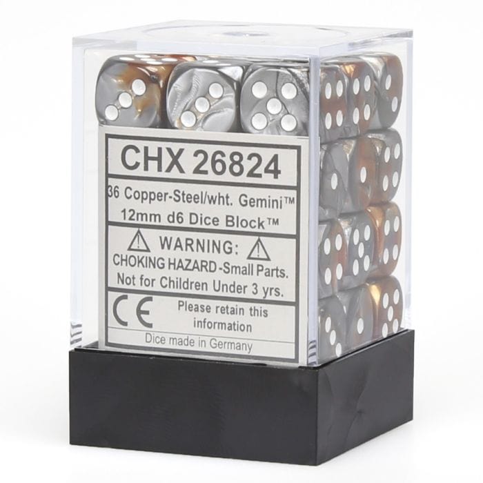 Chessex Manufacturing d6 Cube 12mm Gemini Copper and Steel with White (12) - Lost City Toys