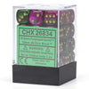 Chessex Manufacturing d6 Cube 12mm Gemini Green and Purple with Gold (12) - Lost City Toys