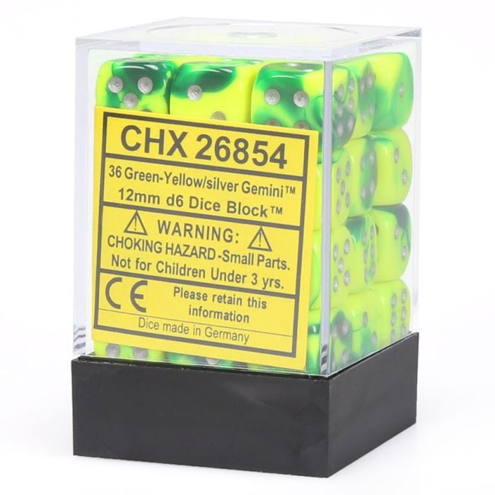 Chessex Manufacturing d6 Cube 12mm Gemini Green and Yellow with Silver (12) - Lost City Toys