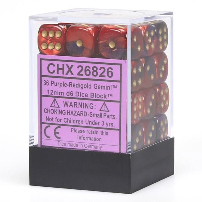 Chessex Manufacturing d6 Cube 12mm Gemini Purple and Red with White (12) - Lost City Toys