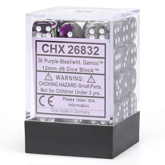 Chessex Manufacturing d6 Cube 12mm Gemini Purple and Steel with White (12) - Lost City Toys