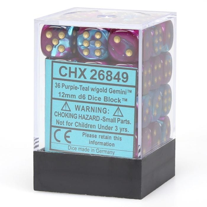 Chessex Manufacturing d6 Cube 12mm Gemini Purple and Teal with Gold (12) - Lost City Toys