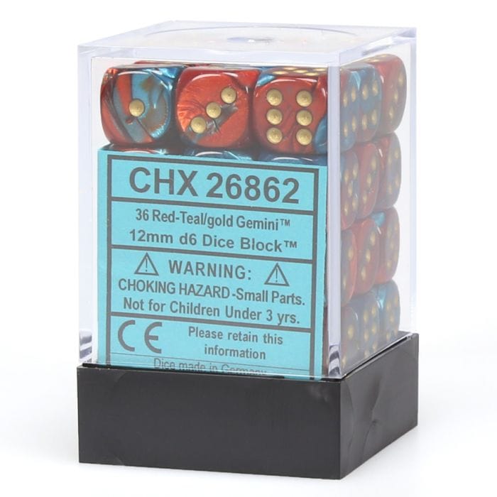 Chessex Manufacturing d6 Cube 12mm Gemini Red and Teal with Gold (12) - Lost City Toys