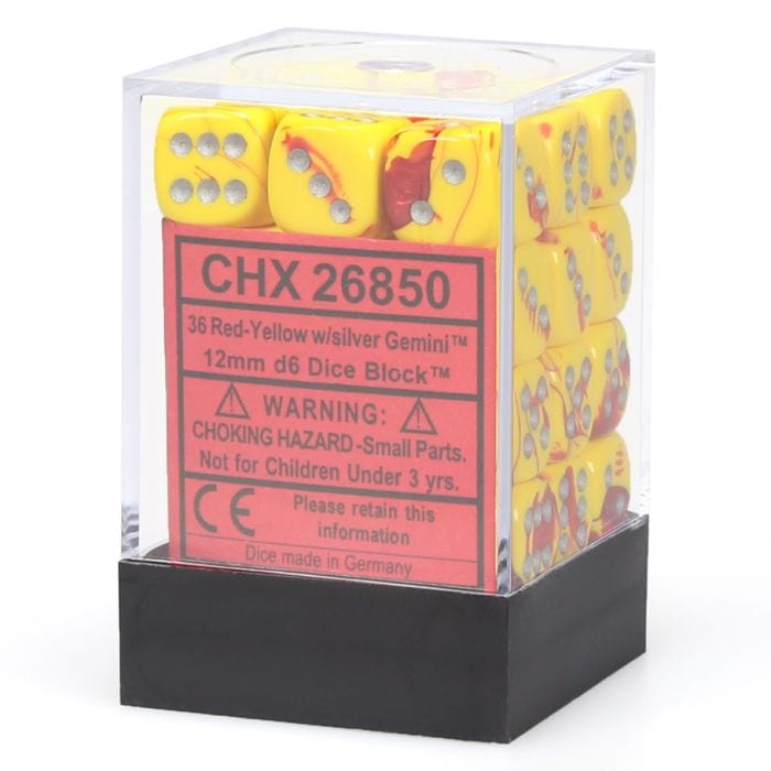 Chessex Manufacturing d6 Cube 12mm Gemini Red and Yellow with Silver - Lost City Toys