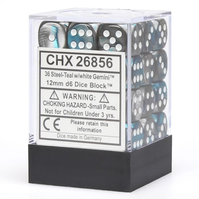 Chessex Manufacturing d6 Cube 12mm Gemini Steel and Teal with White (12) - Lost City Toys