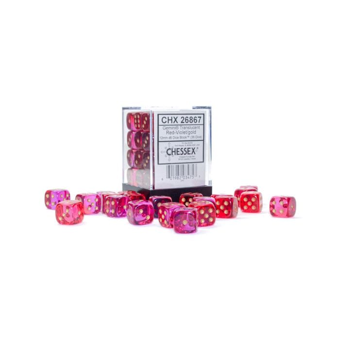 Chessex Manufacturing d6 Cube 12mm Gemini Translucent Red - Violet with Gold (36) - Lost City Toys