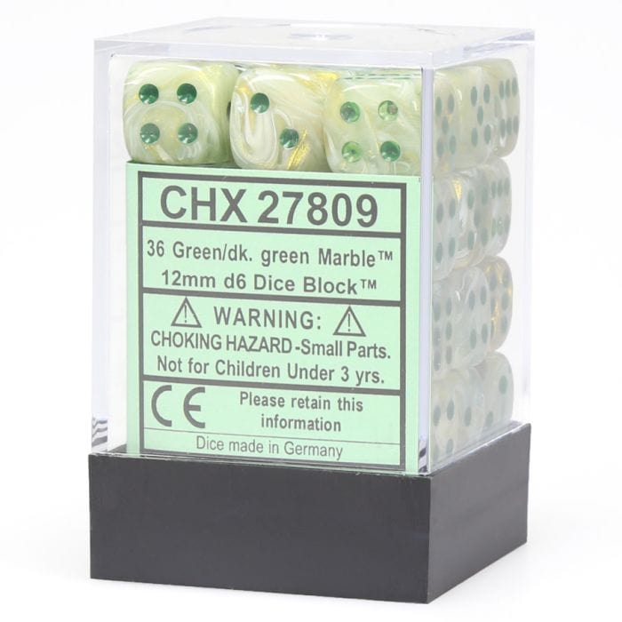 Chessex Manufacturing d6 Cube 12mm Marble Green with Dark Green (36) - Lost City Toys