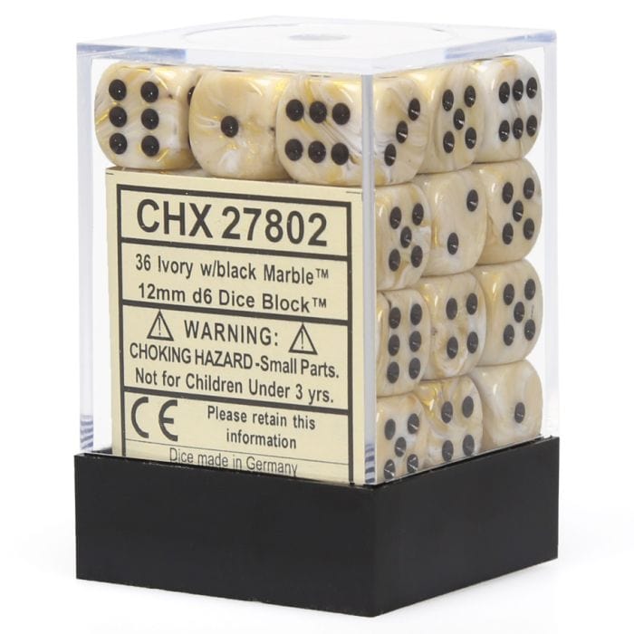 Chessex Manufacturing d6 Cube 12mm Marble Ivory with Black (36) - Lost City Toys