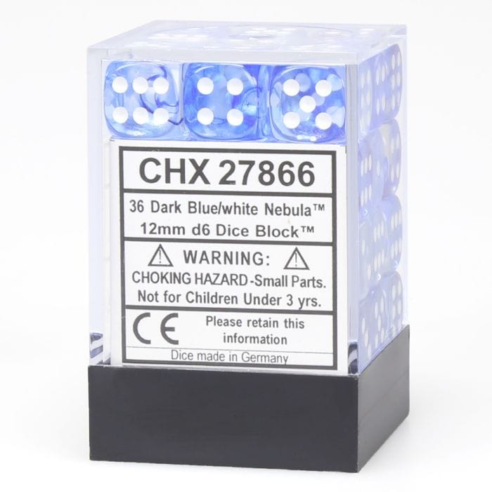 Chessex Manufacturing d6 Cube 12mm Nebula Dark Blue with White (36) - Lost City Toys