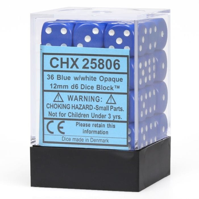 Chessex Manufacturing d6 Cube 12mm Opaque Blue with White (36) - Lost City Toys