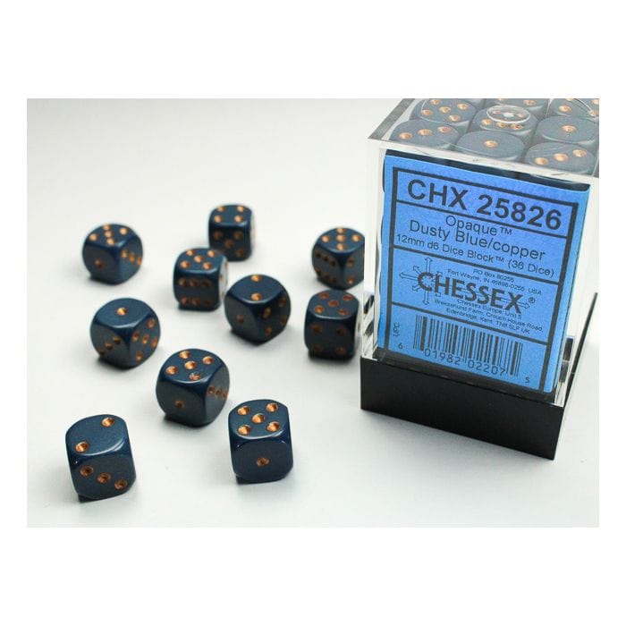 Chessex Manufacturing d6 Cube 12mm Opaque Dusty Blue with Copper (36) - Lost City Toys
