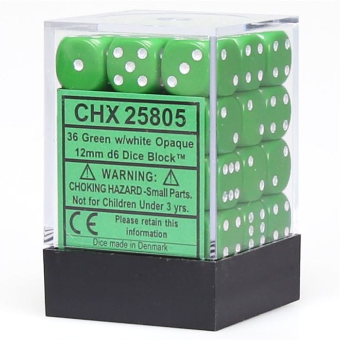 Chessex Manufacturing d6 Cube 12mm Opaque Green with White (36) - Lost City Toys