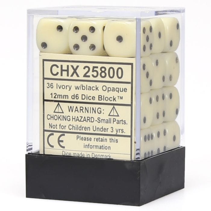 Chessex Manufacturing d6 Cube 12mm Opaque Ivory with Black (36) - Lost City Toys