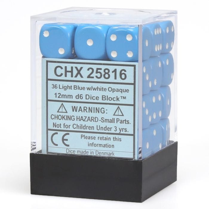 Chessex Manufacturing d6 Cube 12mm Opaque Light Blue with White (36) - Lost City Toys
