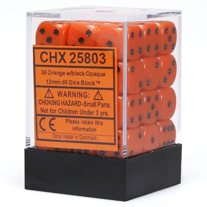 Chessex Manufacturing d6 Cube 12mm Opaque Orange with Black (36) - Lost City Toys